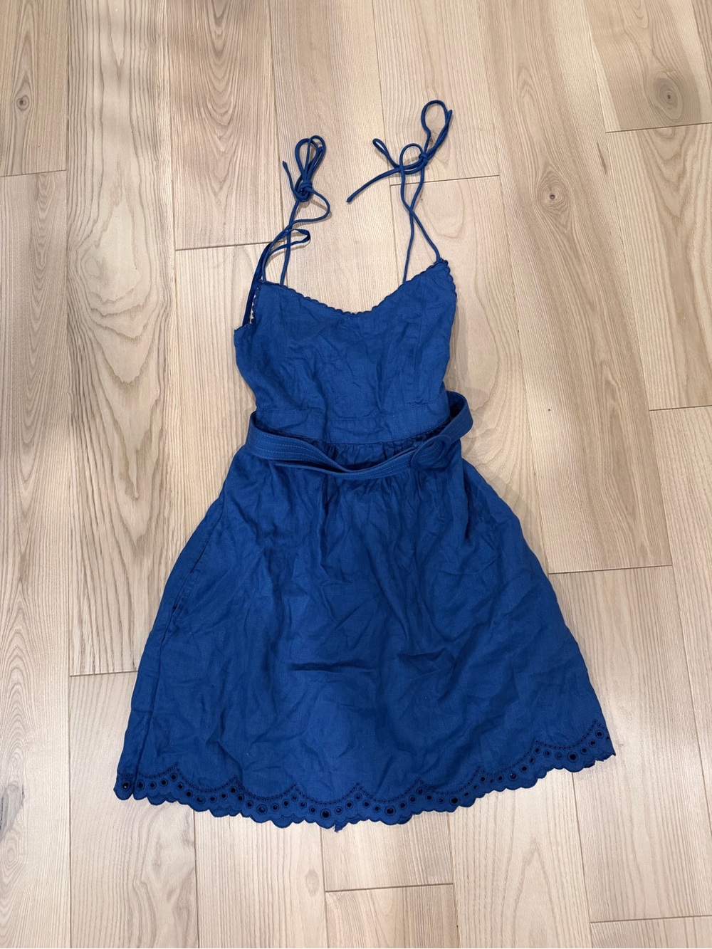 Roller Rabbit Blue Linen Eyelet Tie Strap Mini Dress XS NEVER WORN!